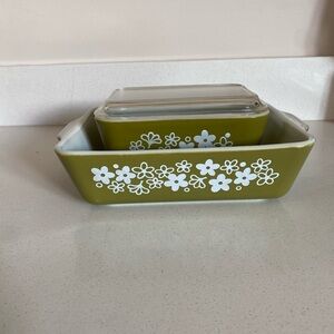 VTG Pyrex Daisy Blossom Green Baking Dish Set